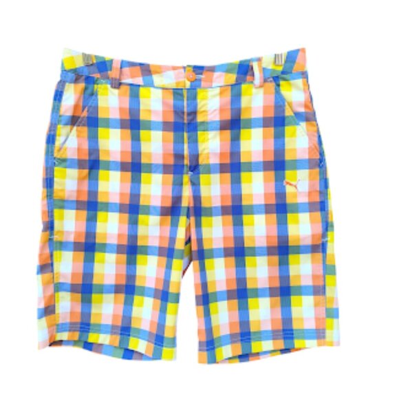 PUMA | Mens Colorful Check Pattern Flat Front Golf Shorts Bright Golfing 34 - Picture 1 of 13